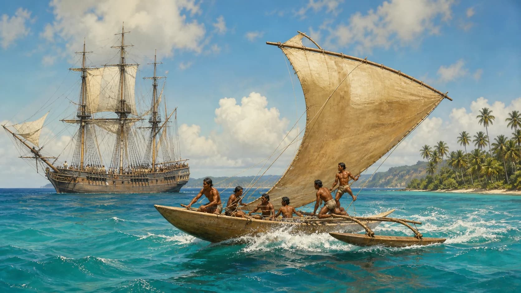 In bright morning light off seventeenth-century Guam, a Chamorro flying proa races on its outrigger and asymmetric sail