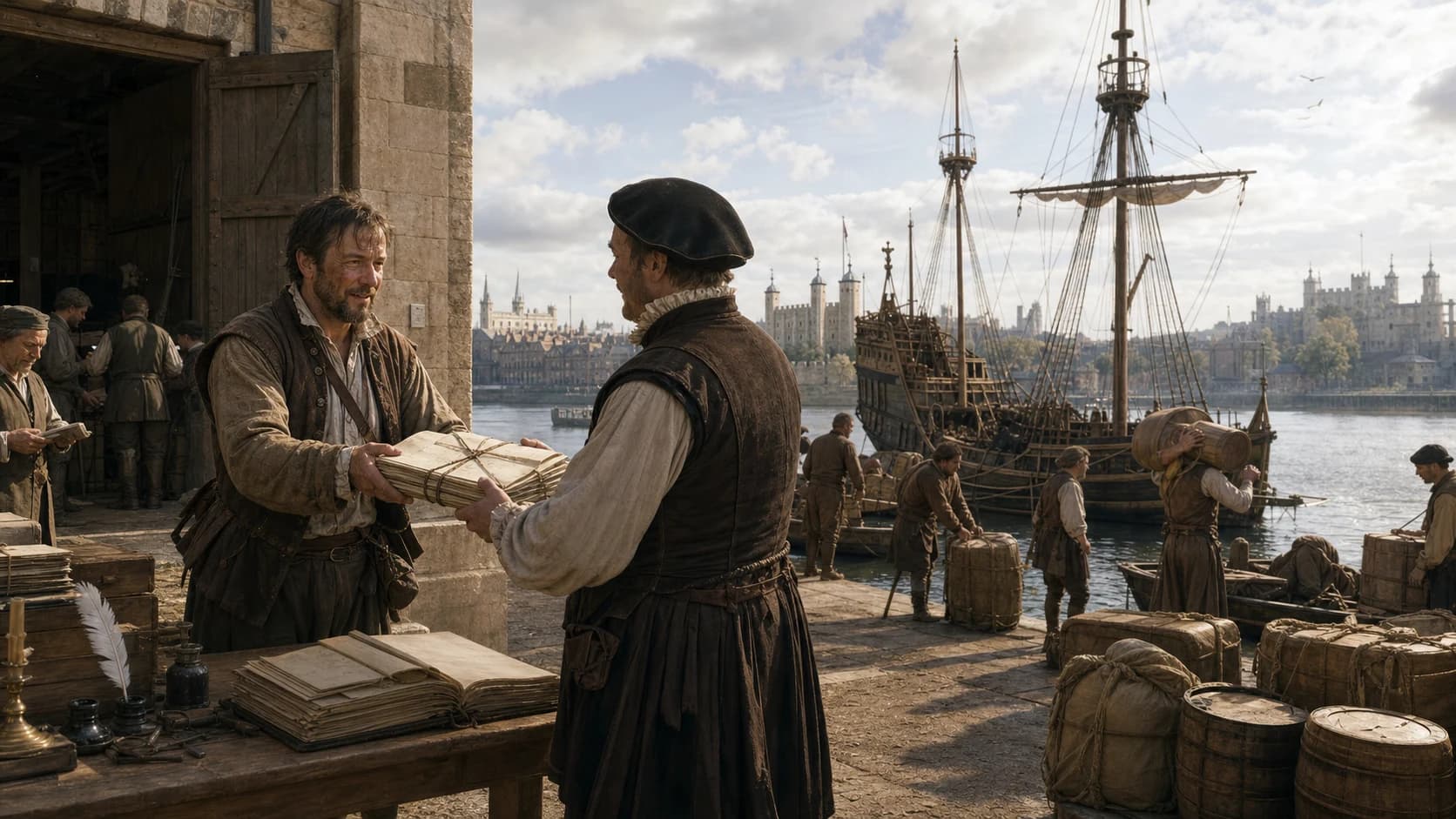 At a bright London wharf around 1598, a returning mariner hands a tied bundle of ship journals to a clerk