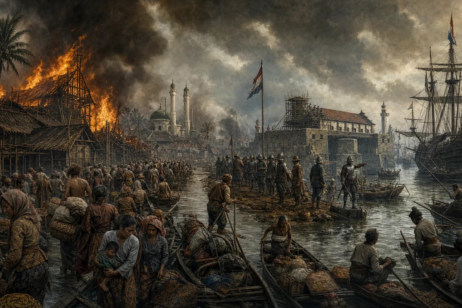 Historical scene illustrating Die VOC zerstört Jayakarta und baut Batavia