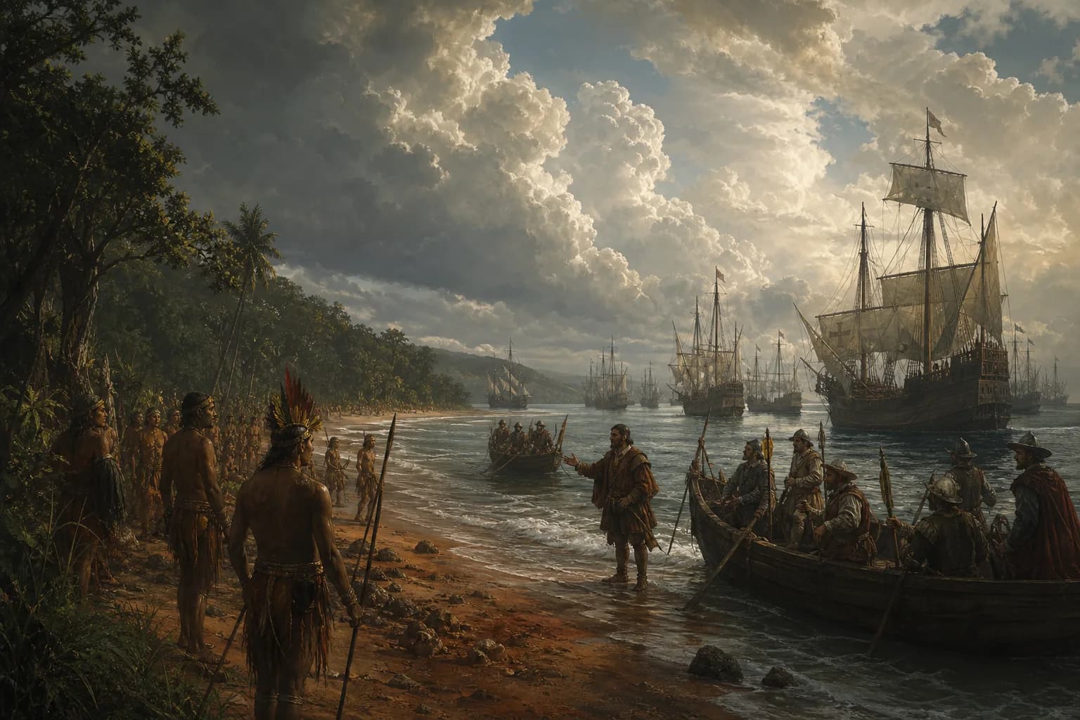 Historical scene illustrating Cabral erreicht Brasilien, dann geht es weiter nach Indien