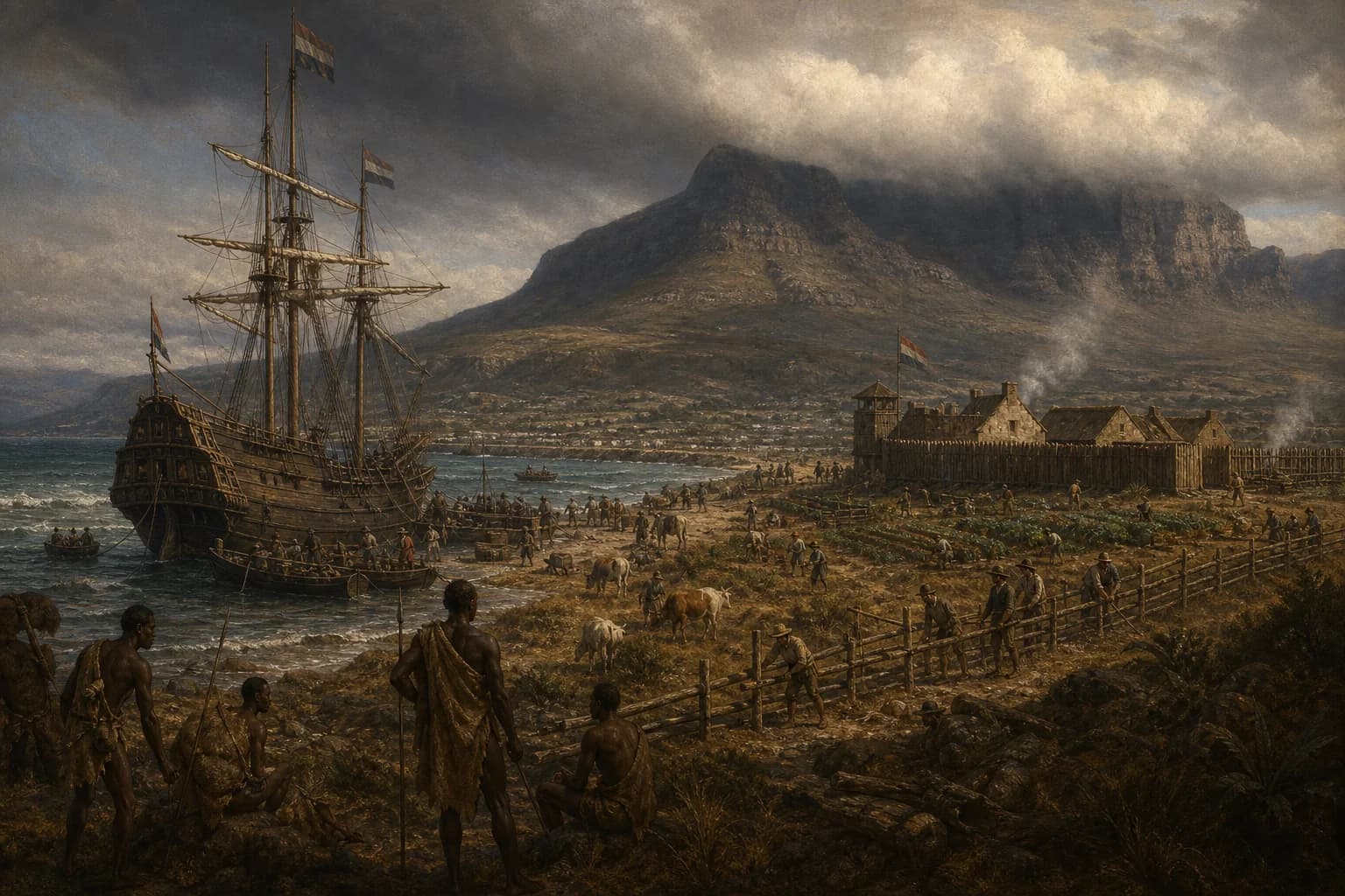 Historical scene illustrating Die VOC errichtet eine Station am Kap