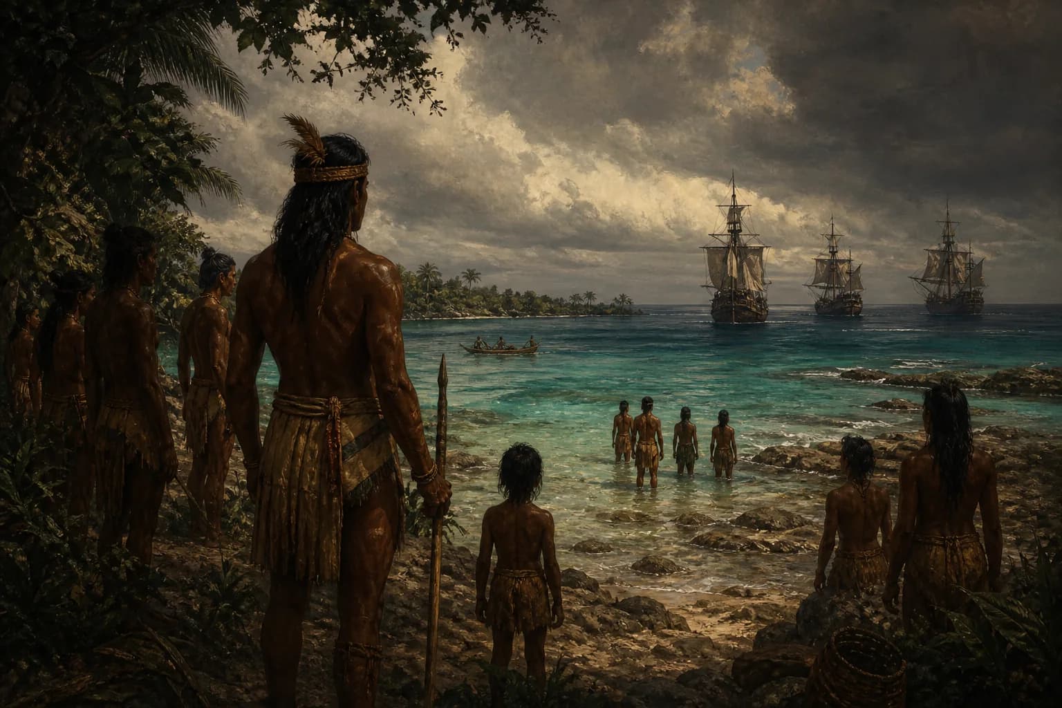 Historical scene illustrating Columbus erreicht die Karibik