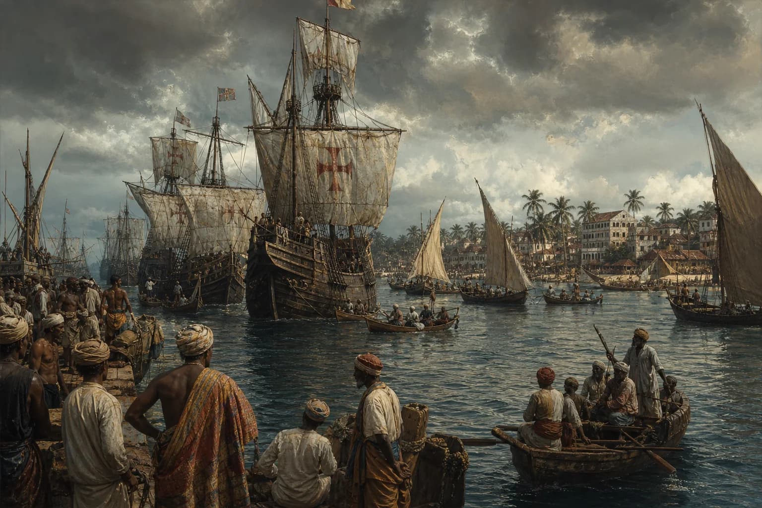 Historical scene illustrating Da Gama erreicht Indien auf dem Seeweg