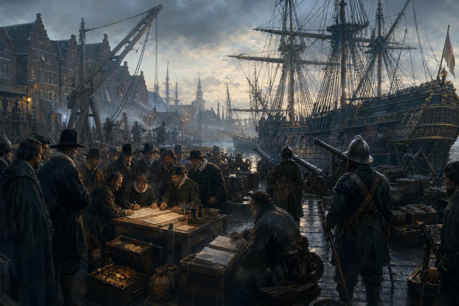 Historical scene illustrating Die EIC und VOC erhalten ihre Charter