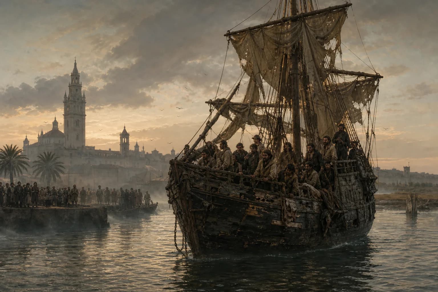 Historical scene illustrating Magellans Expedition beginnt; Elcano schließt den Kreis