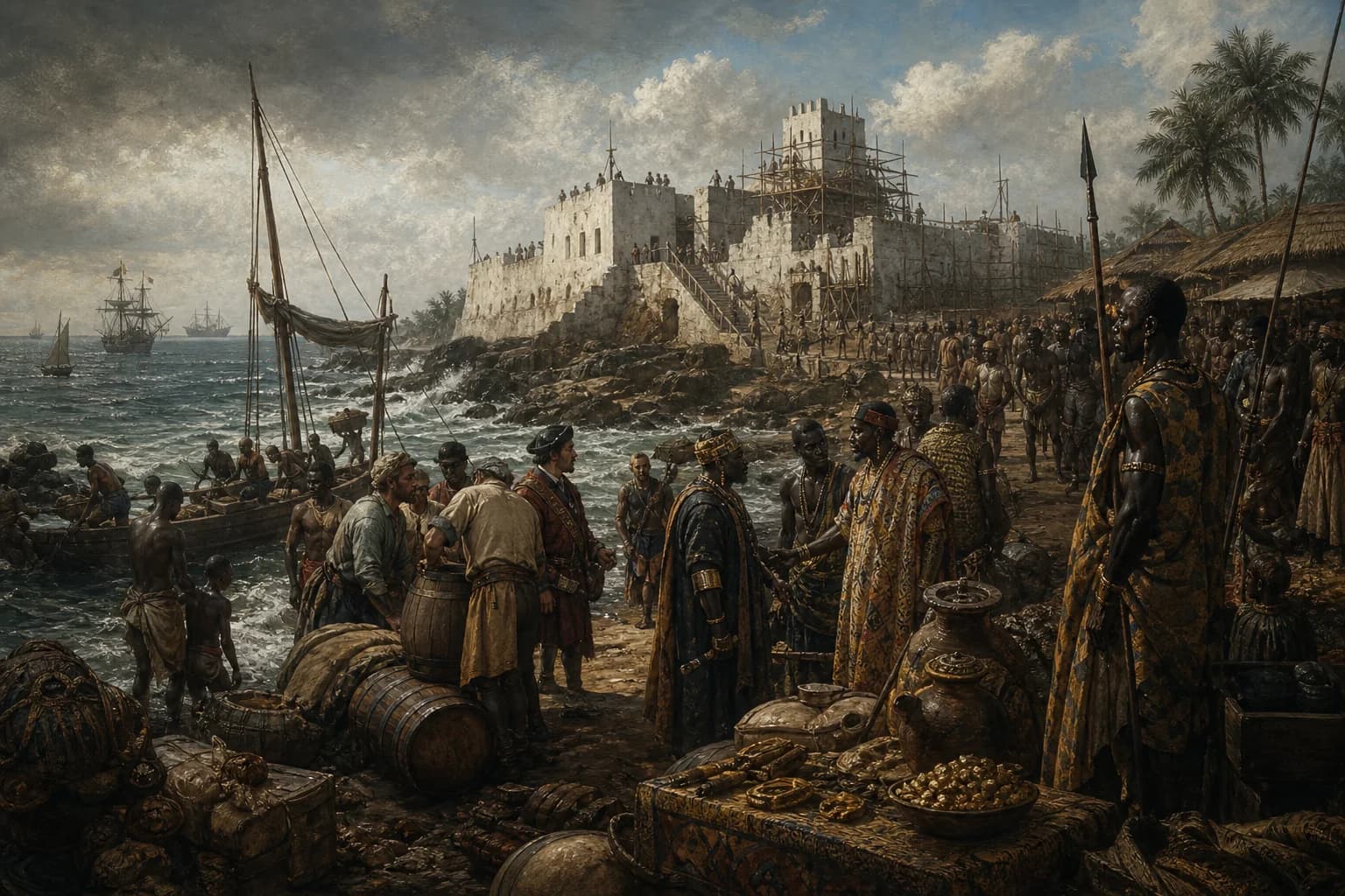 Historical scene illustrating Zucker, Gold und Versklavung treten in ein atlantisches System ein