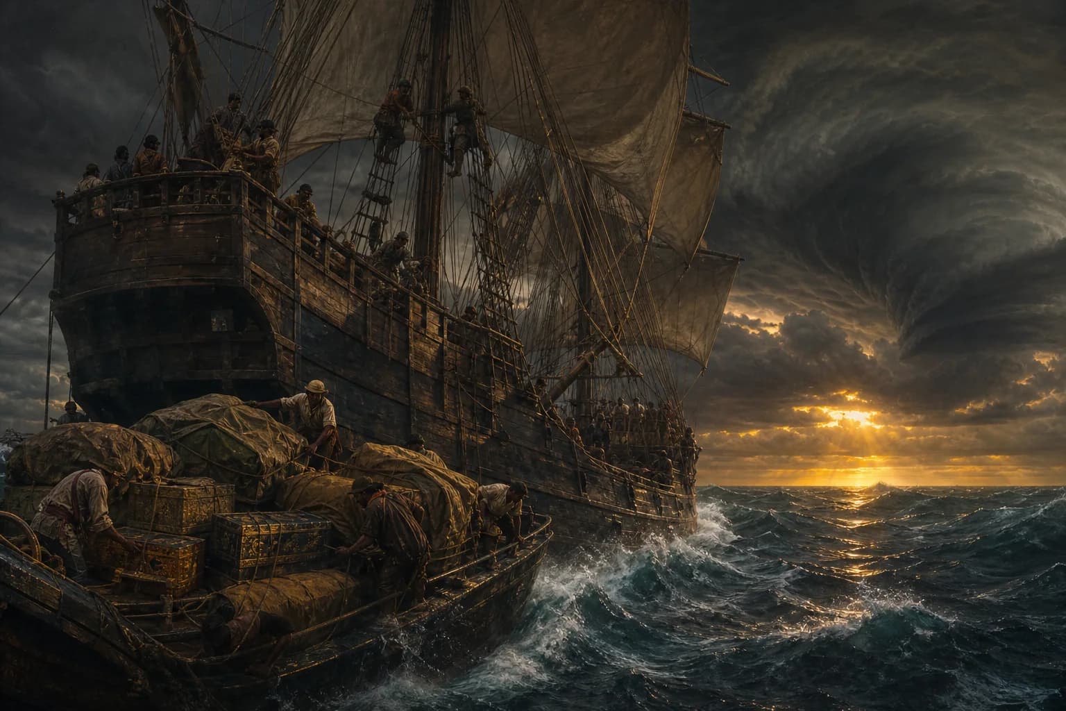 Historical scene illustrating Die Manila-Acapulco-Route verbindet den Pazifik