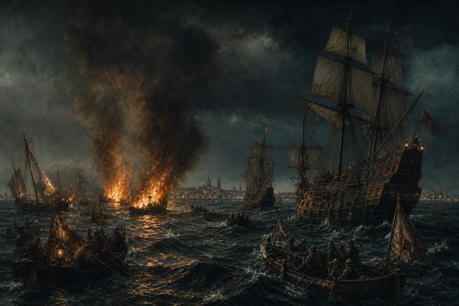 Historical scene illustrating Die spanische Armada scheitert an der Invasion Englands