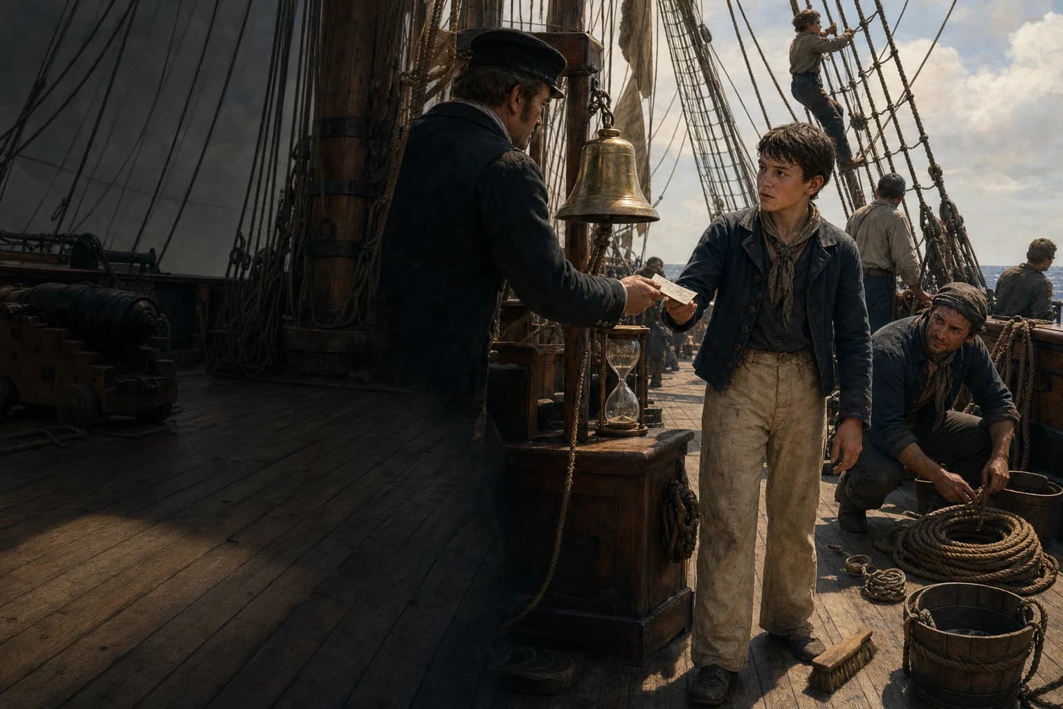 A naval ship's boy around 1815 receives an officer's message beside the bell and glass while an able seaman checks his coiled rope