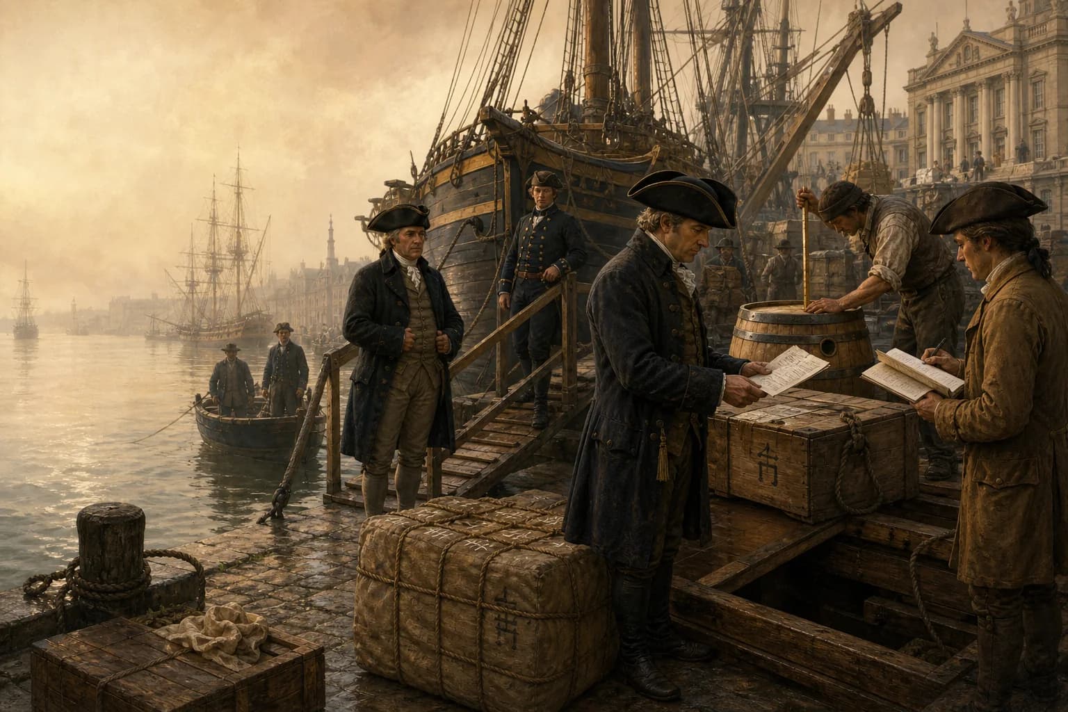 A customs examining officer around 1795 reconciles a landing permit and manifest with crate marks while a cask is gauged at a merchant hatch