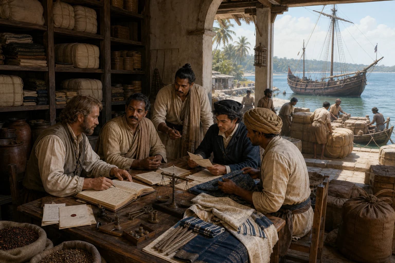 At an Indian Ocean factory around 1665, a factor checks textiles, spices, warehouse accounts and ship letters with local merchants, an interpreter and clerks