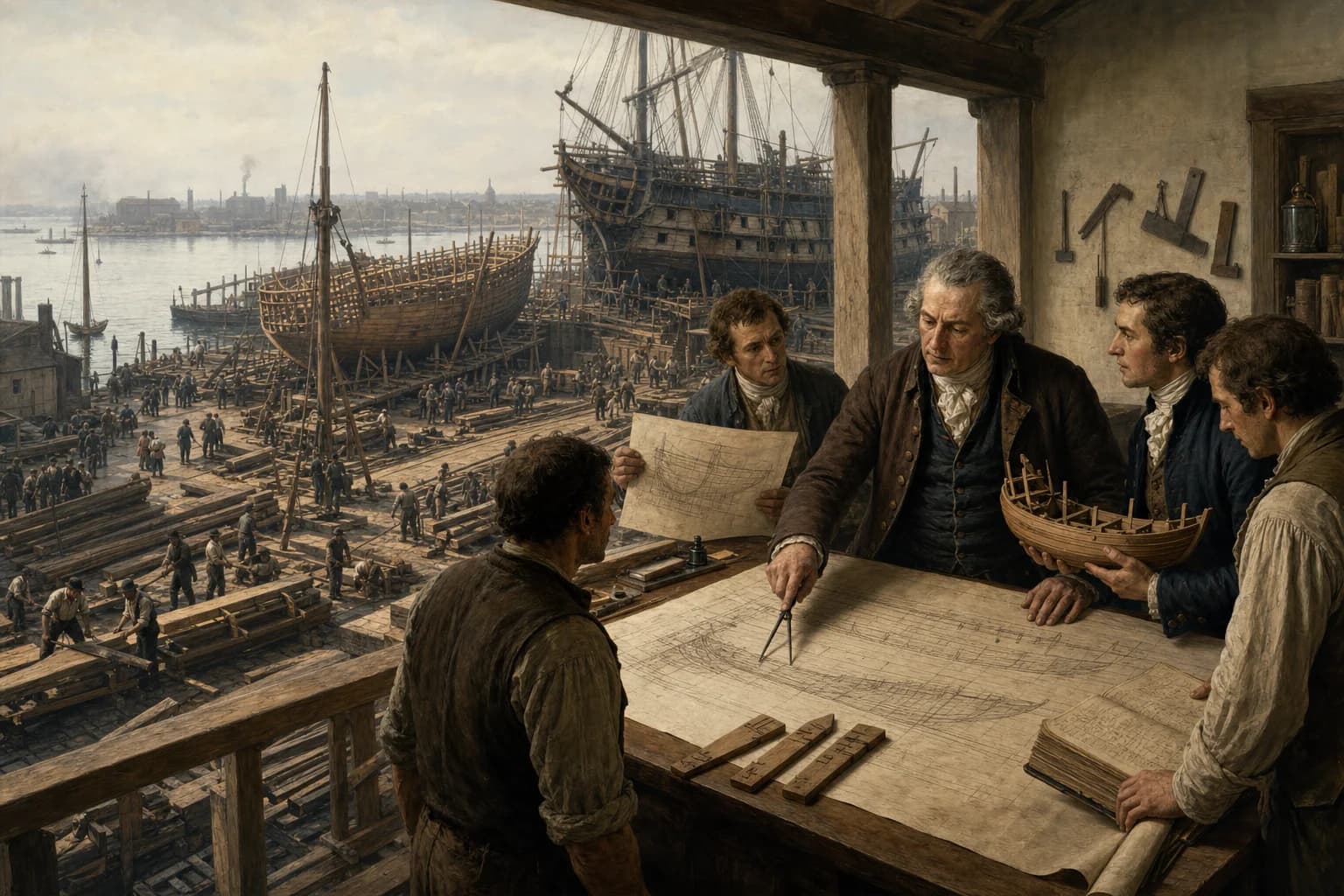 A Master Shipwright around 1800 reviews plans, a half-model and timber accounts while new construction and repair proceed across several yard berths