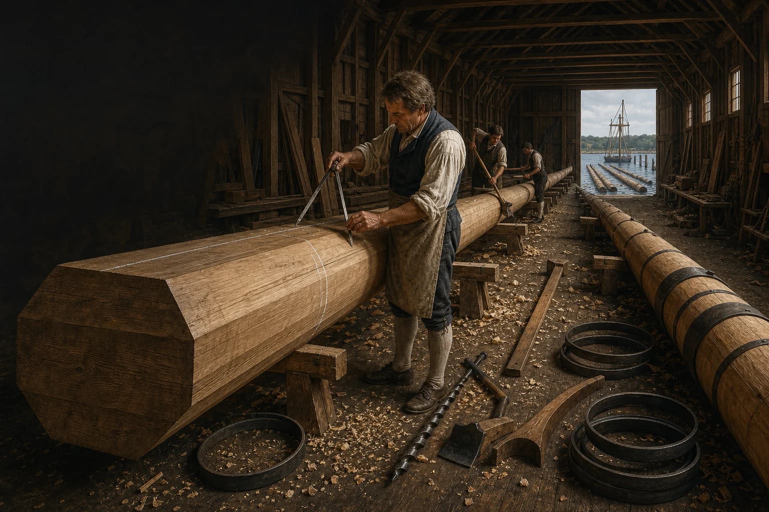 A mastmaker around 1800 checks the stations and taper of a long spar with large compasses while assistants shape timber beside a hooped made mast