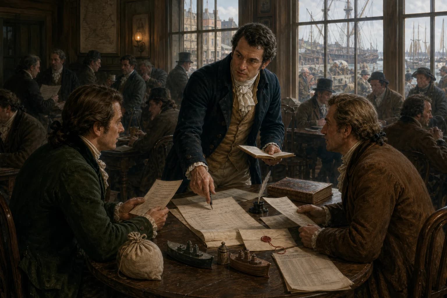 In a port coffee house around 1785, a merchant broker compares vessel availability, freight and charter terms between cargo interest and shipowner