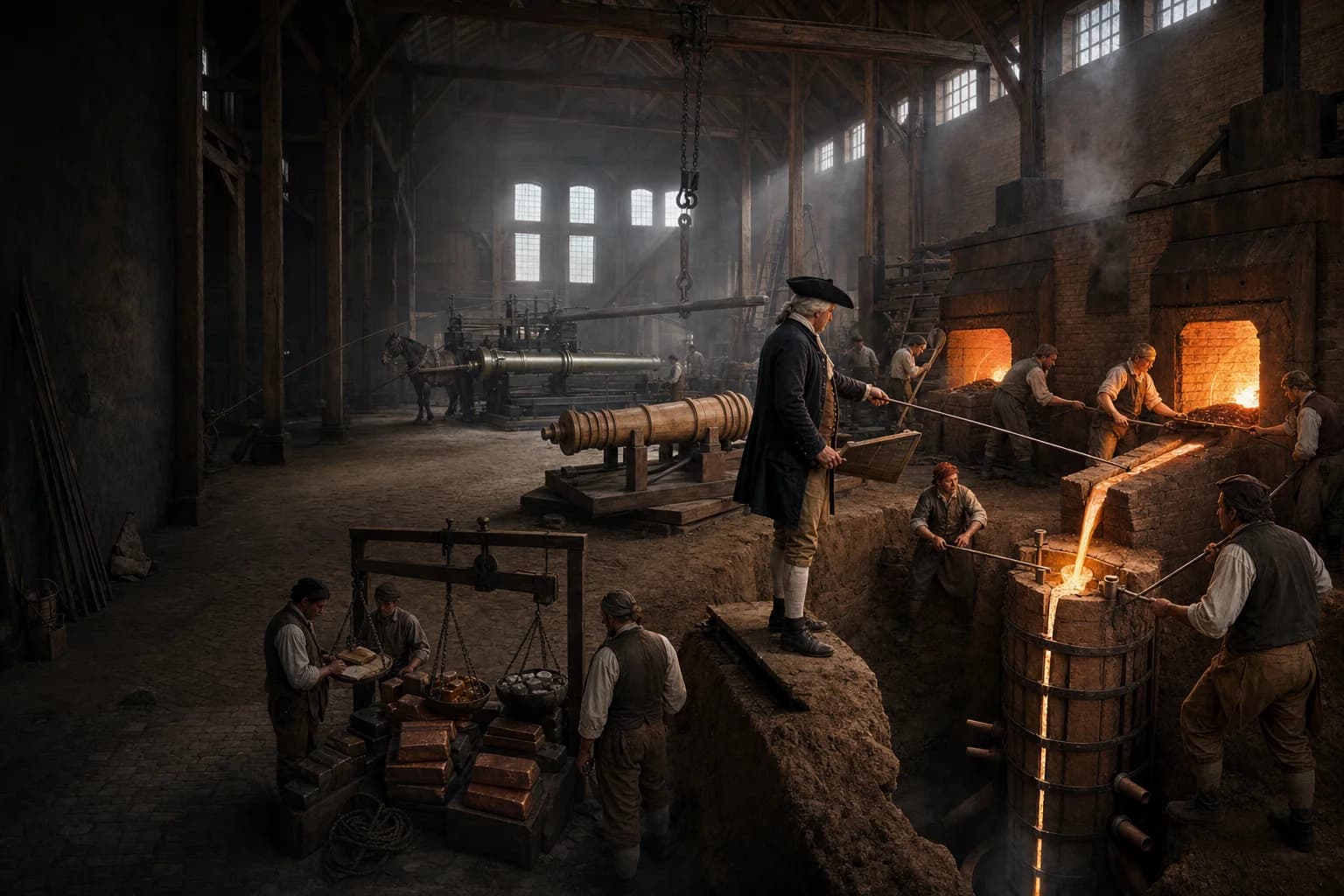 A naval cannon founder around 1776 directs molten bronze into a reinforced gun mould in a casting pit while copper and tin are weighed and a horse-powered boring mill works beyond