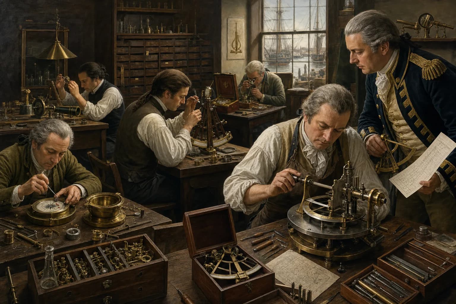 In a London navigation-instrument workshop around 1780, a master divides a sextant arc while specialists balance a compass card, align optics and assemble a marine timekeeper
