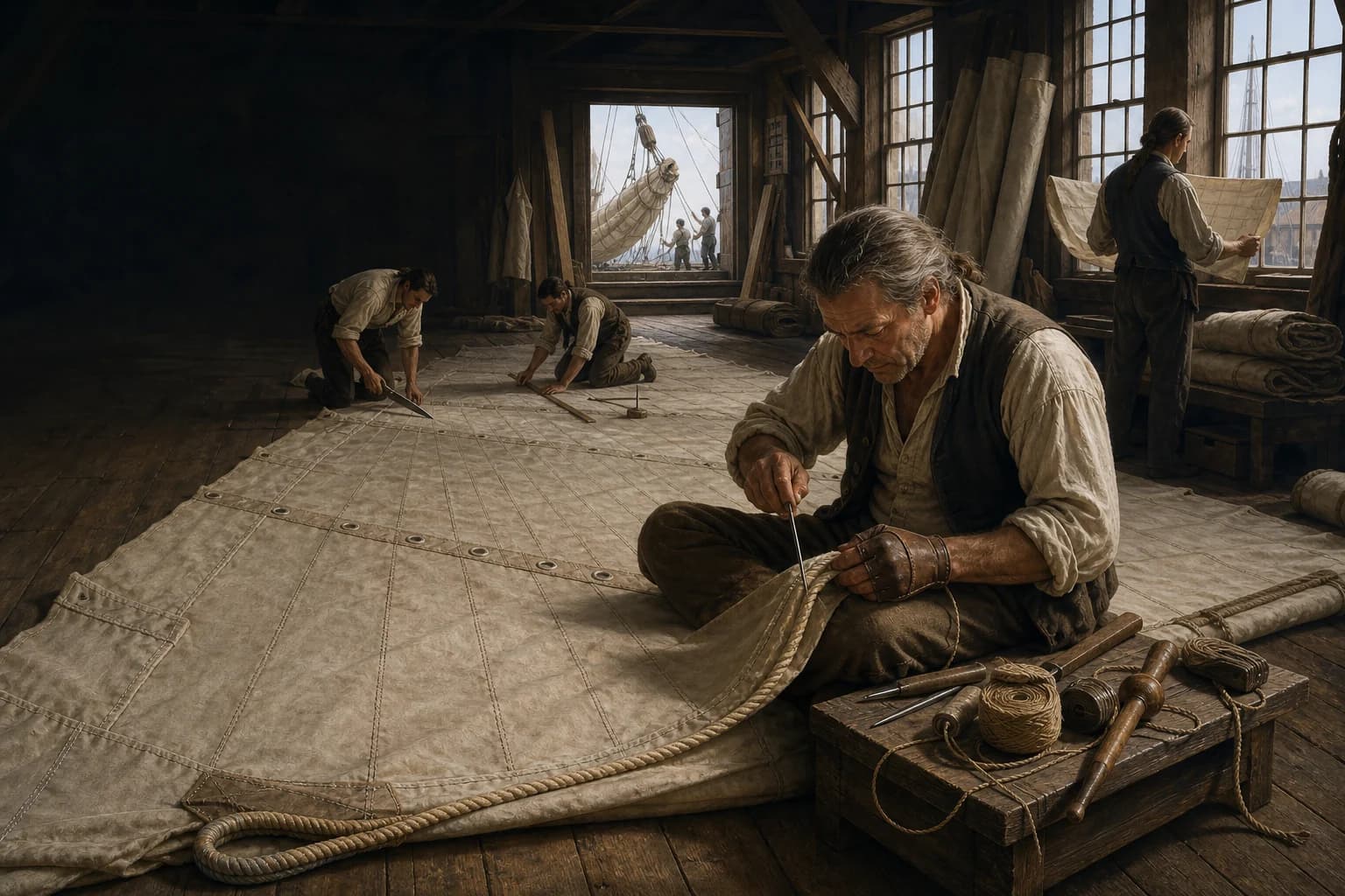 A sailmaker around 1800 uses a leather palm and heavy needle to sew bolt rope onto a panel-built sail while assistants lay out and cut canvas