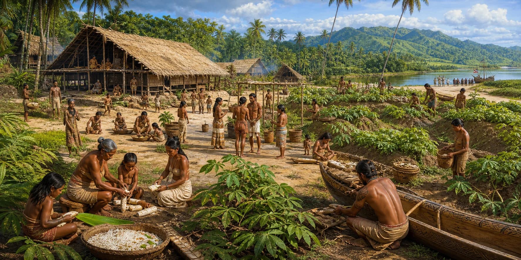Bright historical reconstruction of a Taíno community on Hispaniola cultivating cassava, preparing food, and repairing a canoe