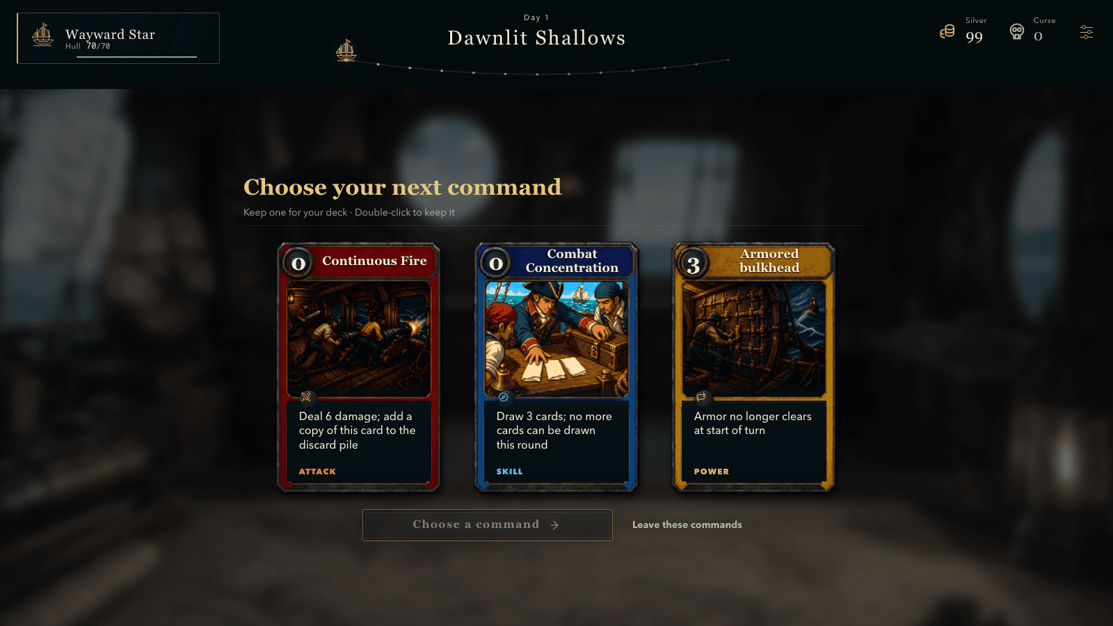 Beyond the Chart reward screen offering Continuous Fire, Combat Concentration and Armored Bulkhead command cards
