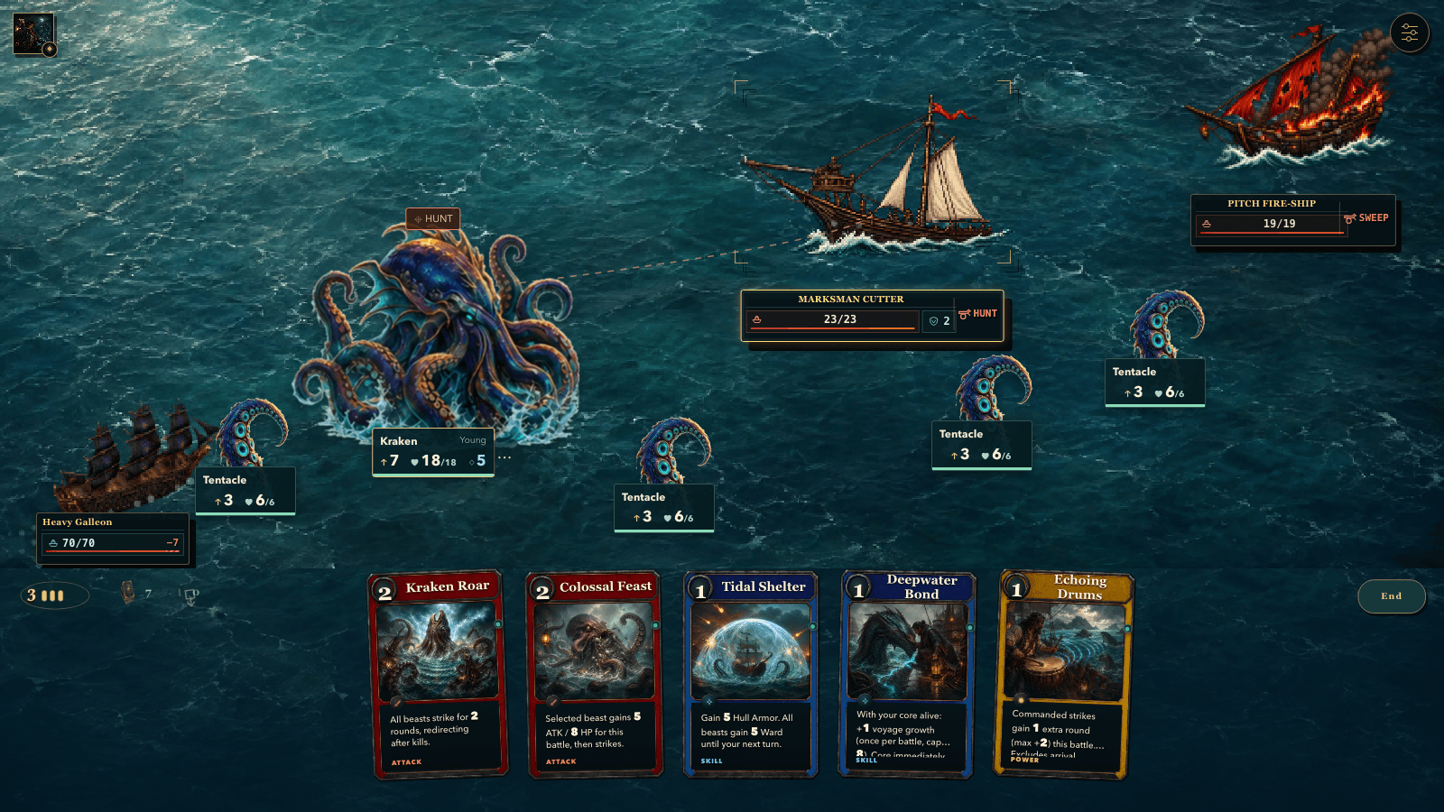 Naya Tideborn fights with summoned sea beasts arranged beside the player ship in Beyond the Chart