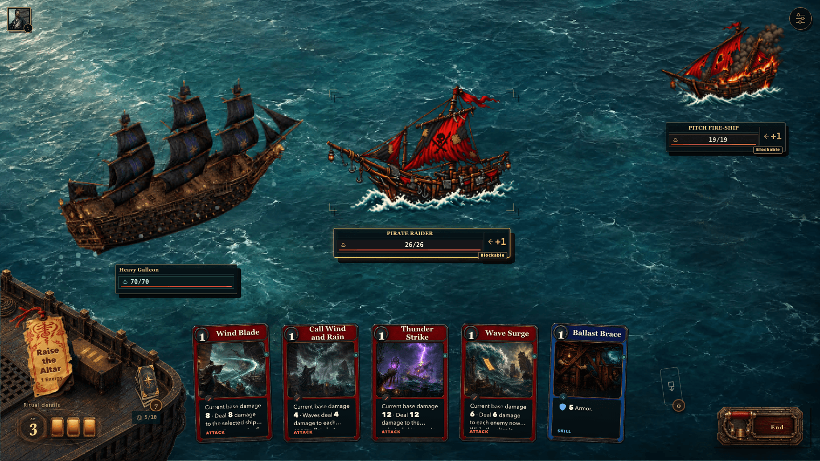 The Storm Ritualist commands wind, rain, thunder and waves against two ships in Beyond the Chart