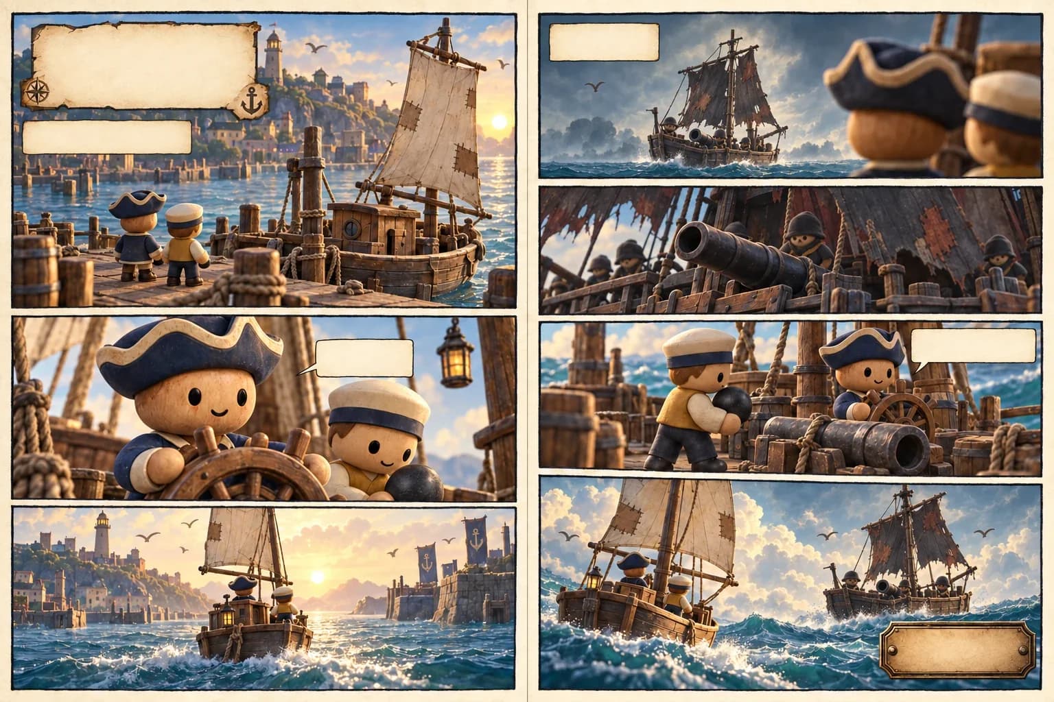Illustrated opening panels of a small crew leaving harbor and facing another vessel at sea
