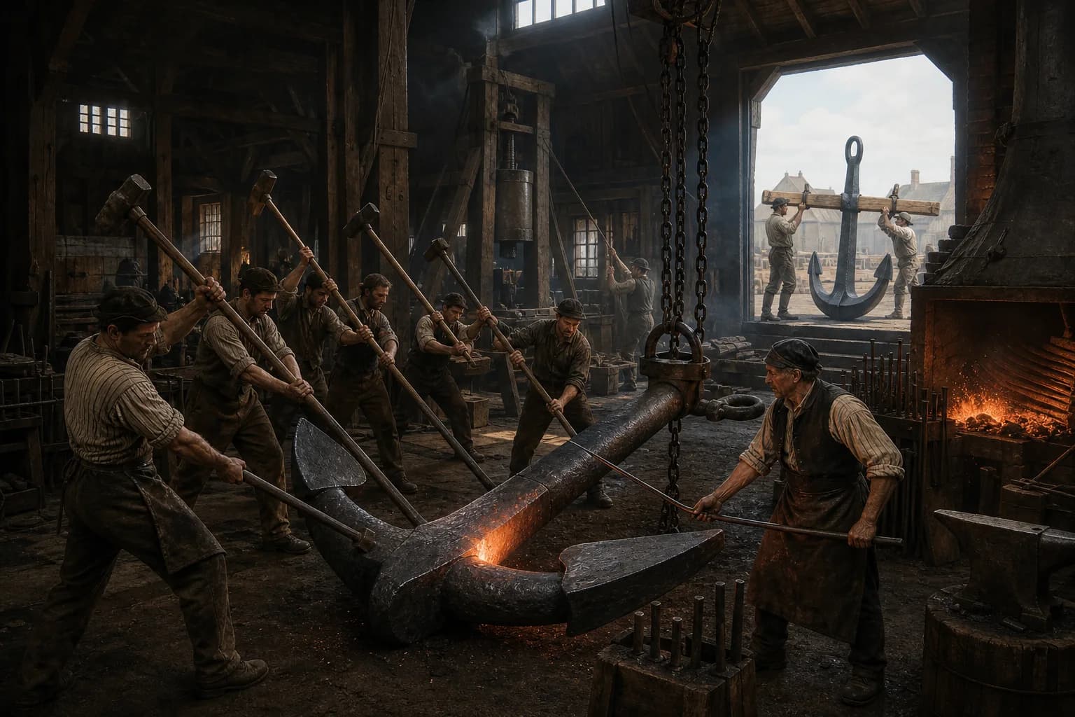 An anchor smith around 1795 directs five hammermen at the glowing crown weld of a massive wrought-iron anchor while chains support the shank and carpenters fit an oak stock outside