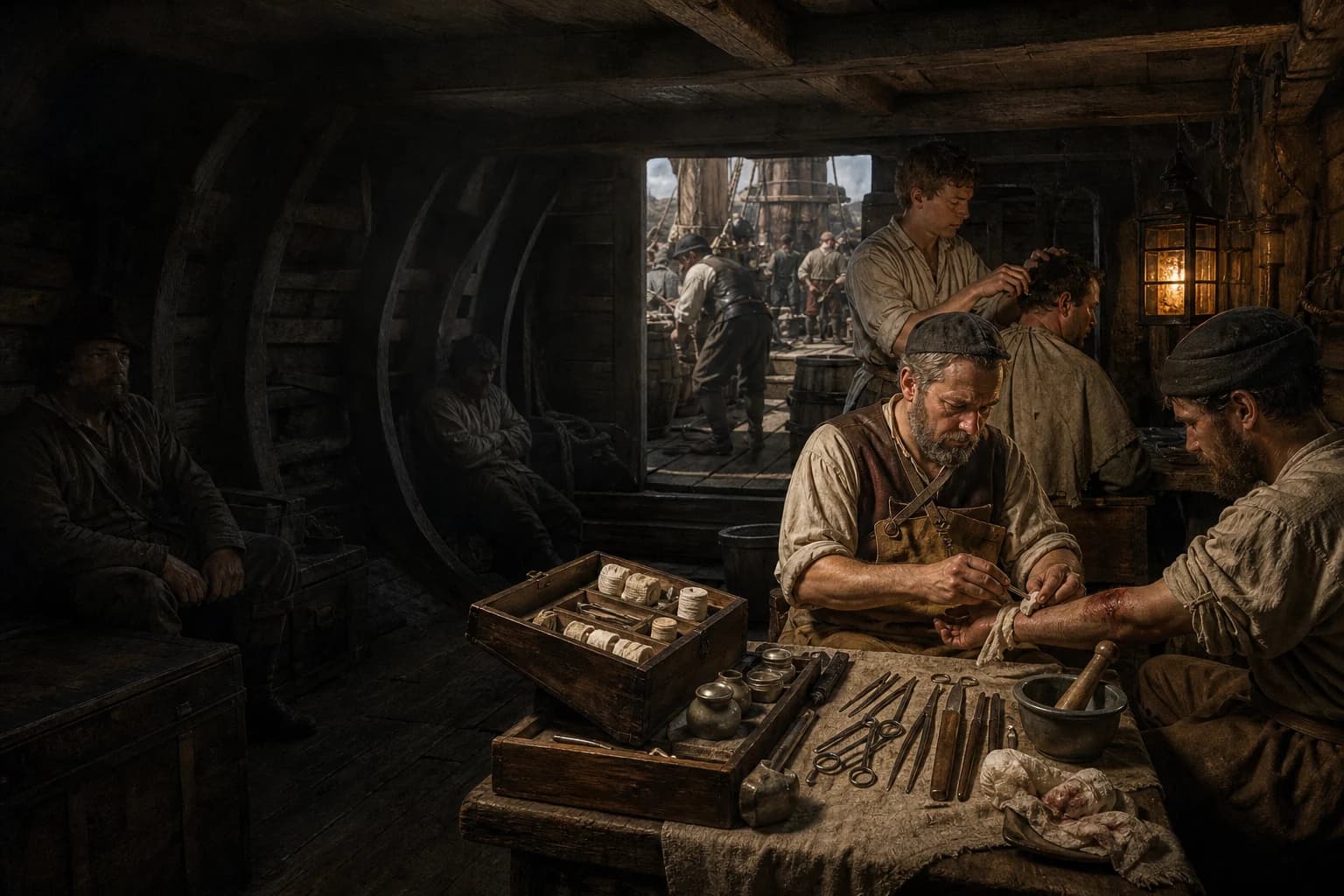 A Tudor shipboard surgeon around 1545 treats a sailor's forearm while an assistant cuts another crewman's hair behind him