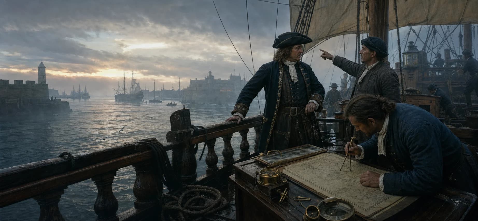 A captain, sailing master and harbor pilot coordinate on an Age of Sail quarterdeck