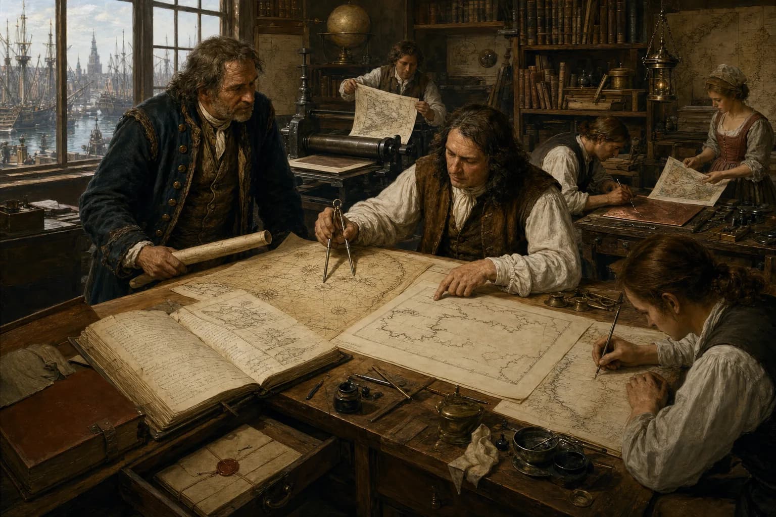 A maritime cartographer around 1685 collates a captain's log, old chart and coastal sketch while assistants fair-copy, engrave copper, pull a proof and hand-colour it