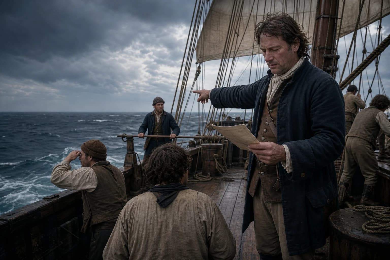 A merchant first mate around 1700 checks the watch bill and assigns helm, lookout and sail stations on the quarterdeck