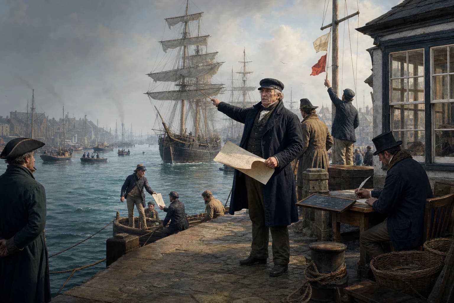 A harbourmaster around 1815 uses a berth plan, signal flags and harbour boat to coordinate merchant-vessel movement in a crowded port
