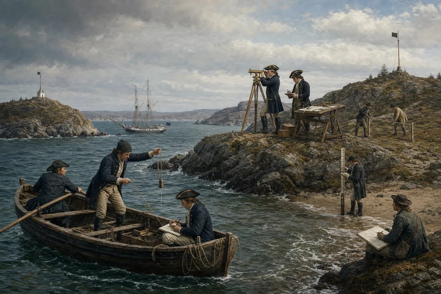 A hydrographer around 1765 establishes coastal triangulation with a theodolite while a sounding boat casts a lead and a shore assistant reads the tide staff