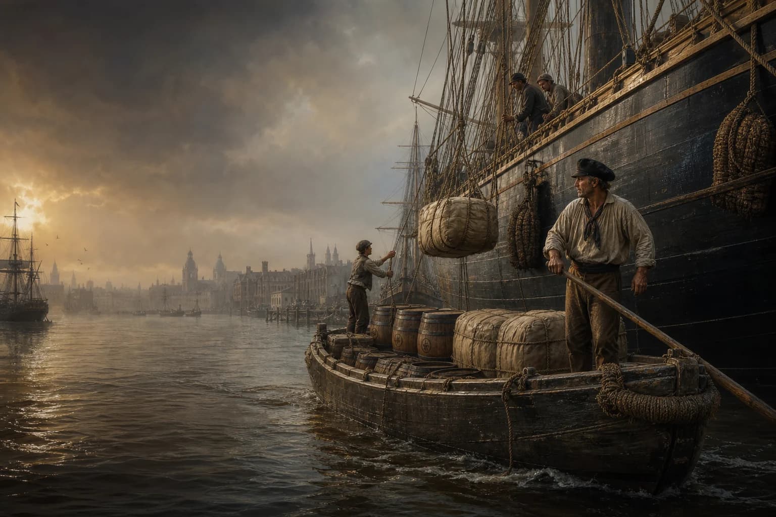 A lighterman around 1785 controls a flat-bottomed lighter with a long sweep alongside an anchored merchant ship receiving casks and bales on the Thames