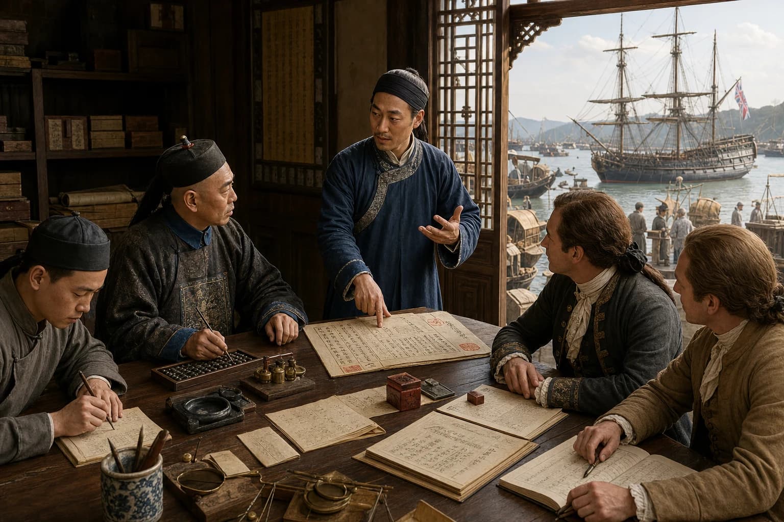 A Canton maritime linguist around 1775 explains a loading permit between a customs official and European merchants while both clerks verify figures