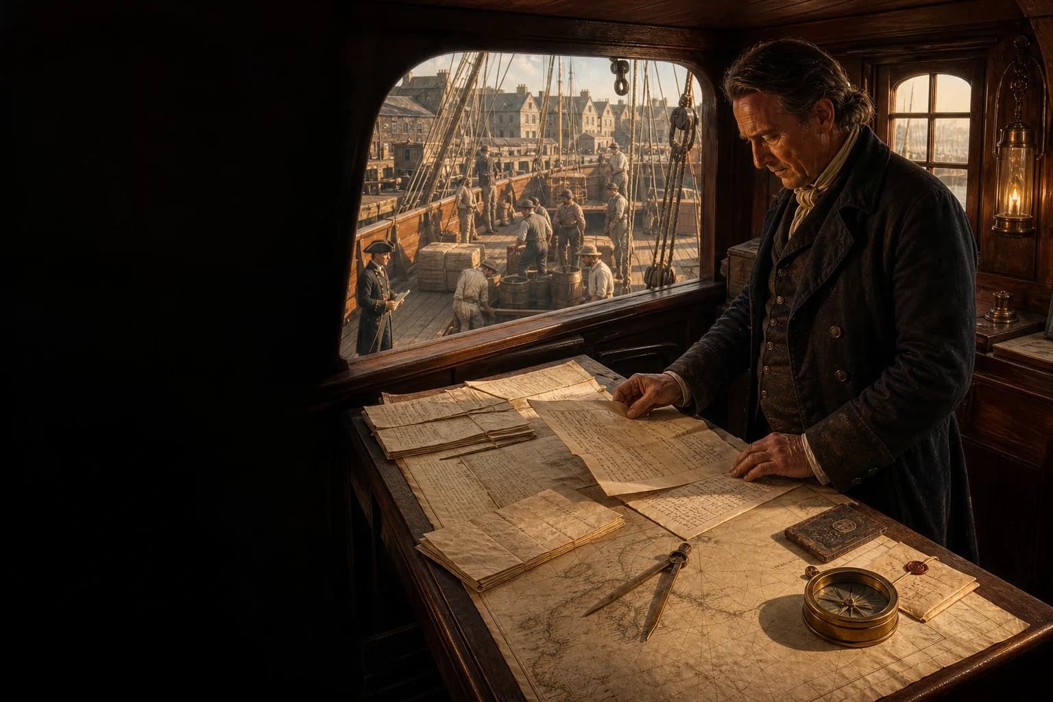 A merchant master around 1795 checks owners' orders, bills of lading and a chart while cargo is loaded beyond his cabin