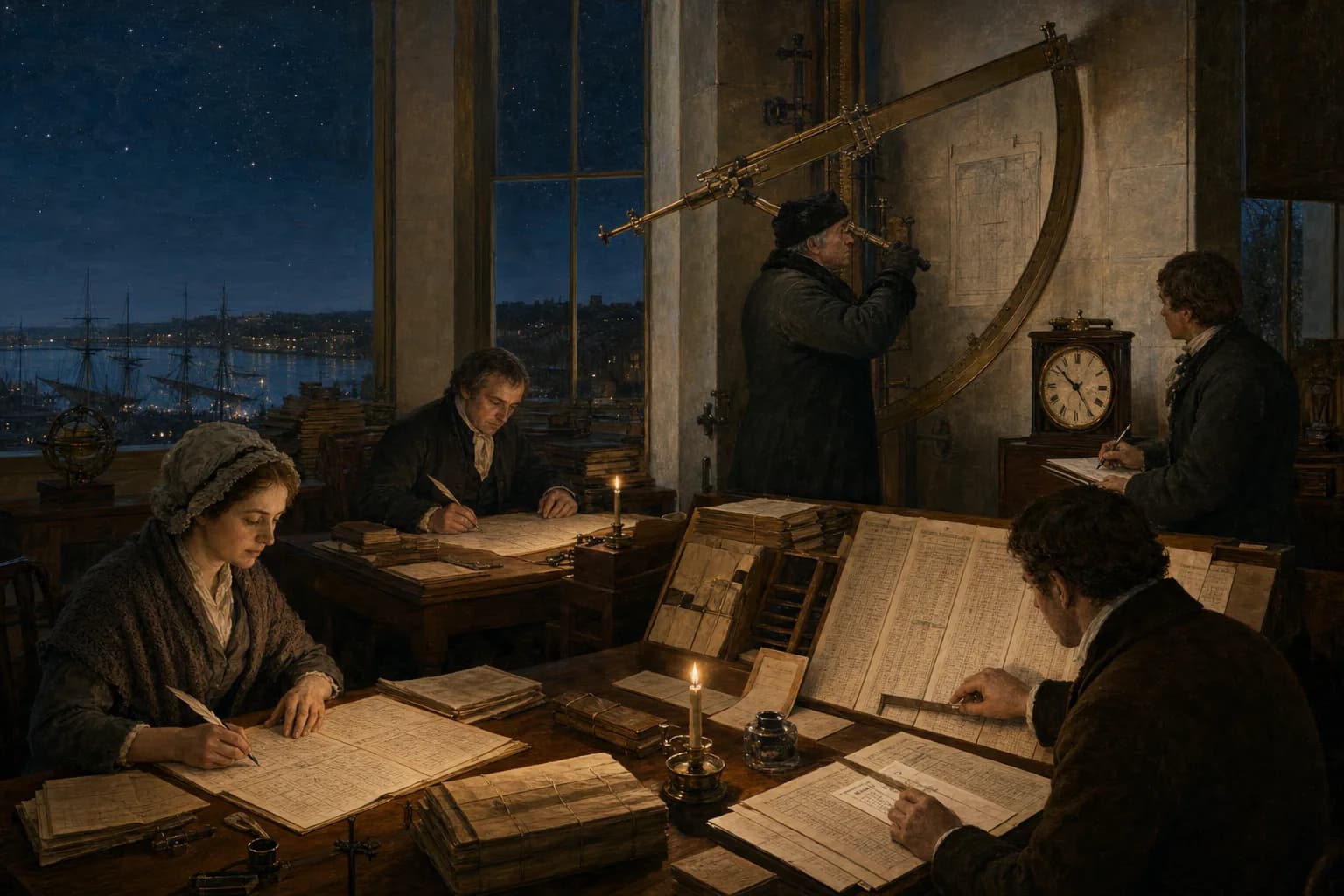 A nautical astronomer around 1775 observes a meridian transit at Greenwich while an assistant times it, two human computers calculate independently and a comparer checks their columns