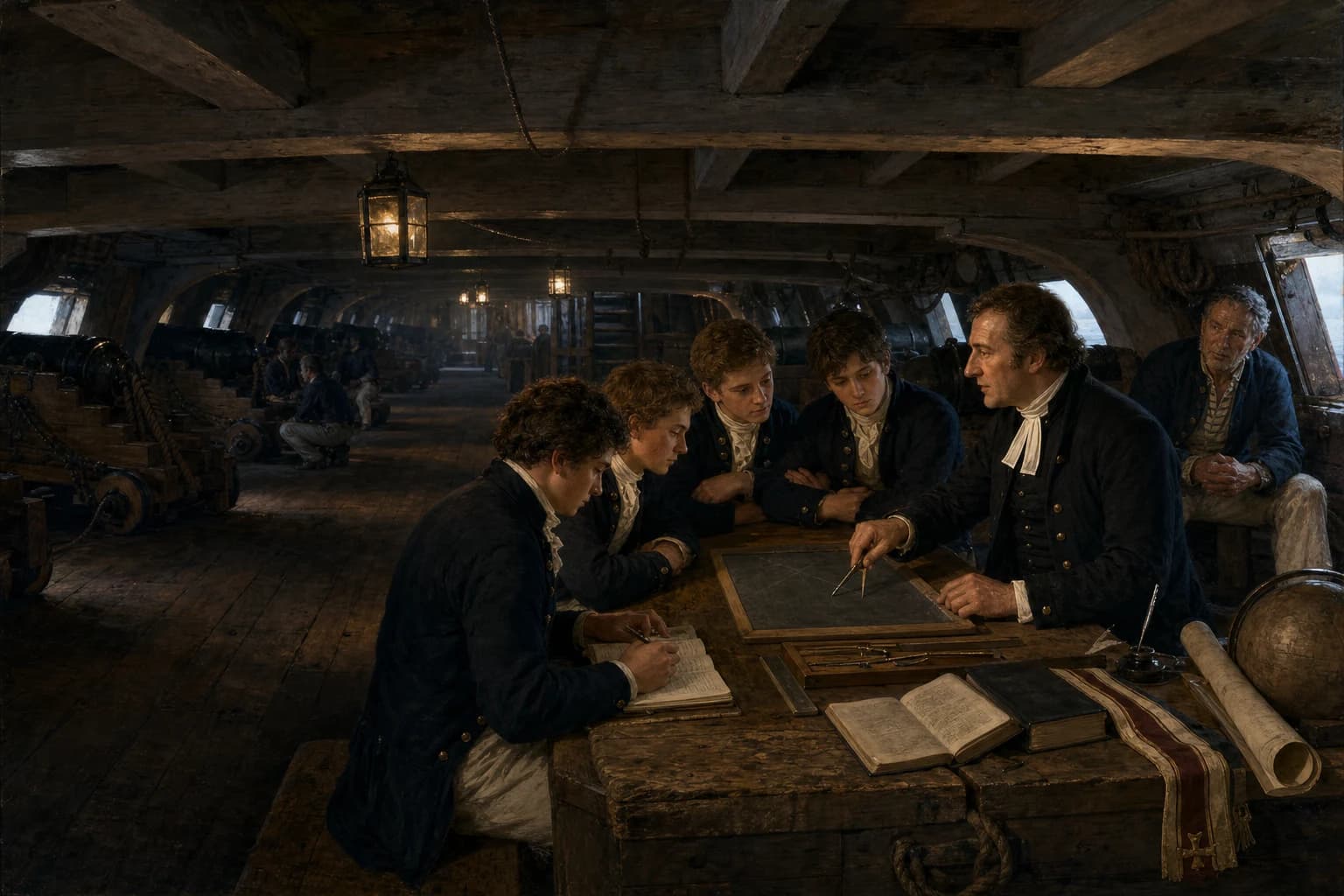 A naval chaplain around 1810 teaches arithmetic and navigation to midshipmen in a makeshift gun-deck school