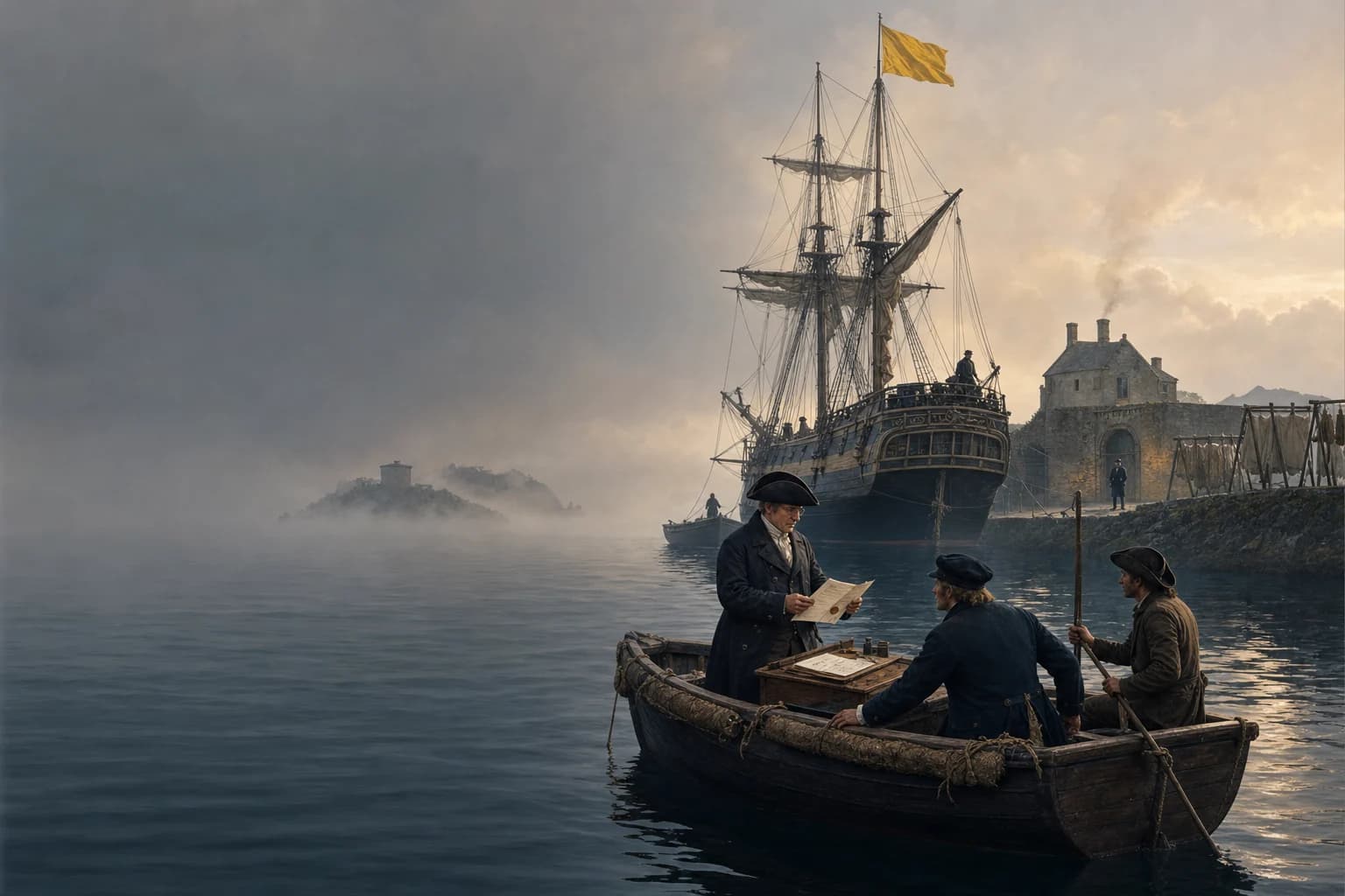 A British quarantine officer around 1795 reviews a vessel's sealed bill of health from an inspection boat while the isolated ship flies a yellow signal near a lazaretto