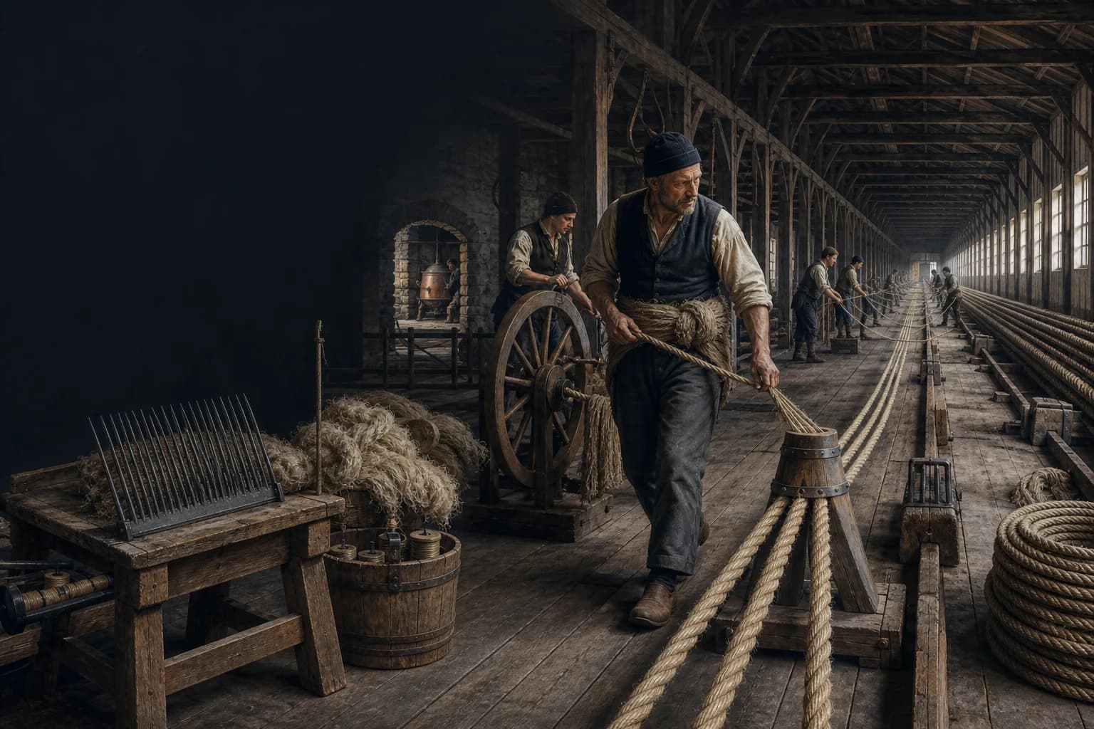 A ropemaker around 1800 walks backward feeding hemp yarn in a long ropewalk while a laying gang closes parallel strands through a laying top