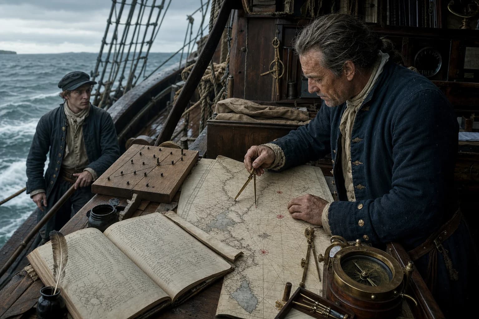 An Age of Sail sailing master calculates a route with chart, dividers, compass and traverse board