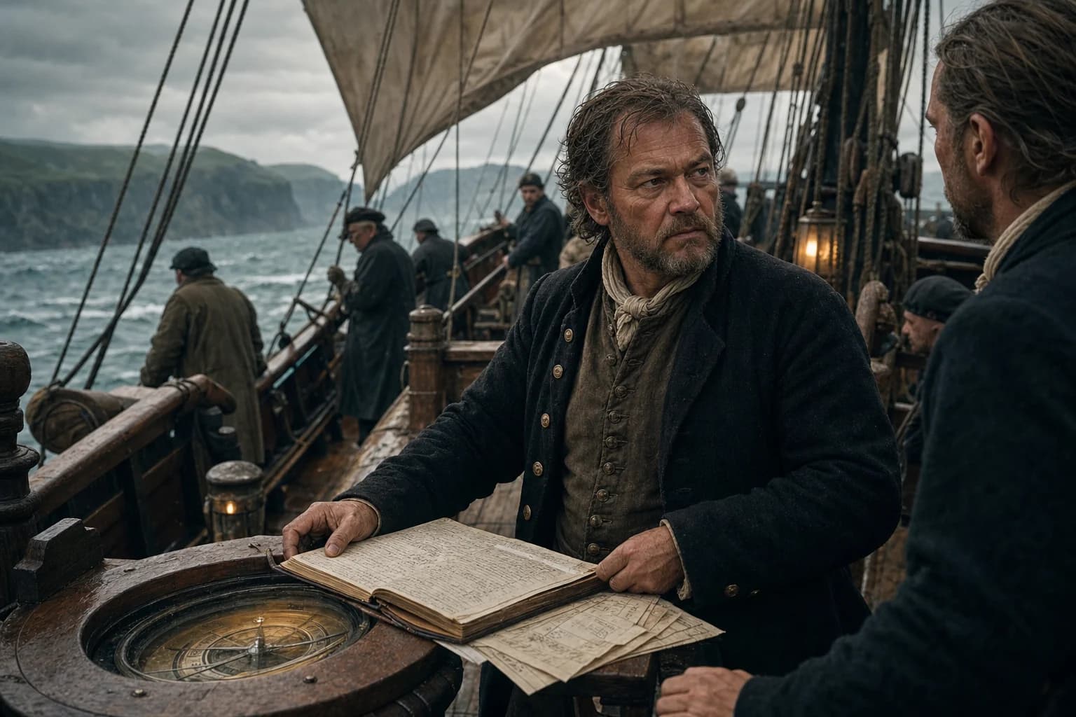 A late-seventeenth-century merchant captain reviews the logbook and hears an officer's report on the quarterdeck