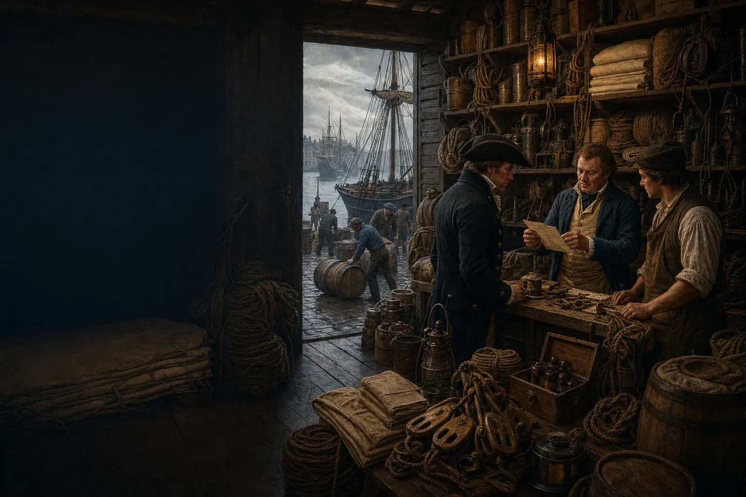 A ship chandler around 1805 checks cordage, blocks, canvas, oils and tools against a stores list with a merchant captain in a waterside warehouse