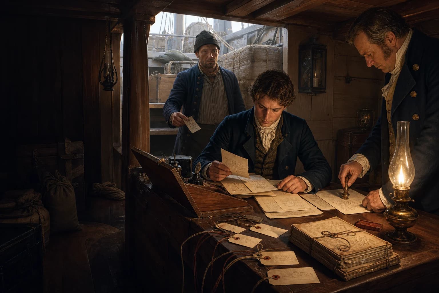A merchant ship clerk around 1815 reconciles a manifest, bill-of-lading copies and cargo tally slips while the master signs the final instrument