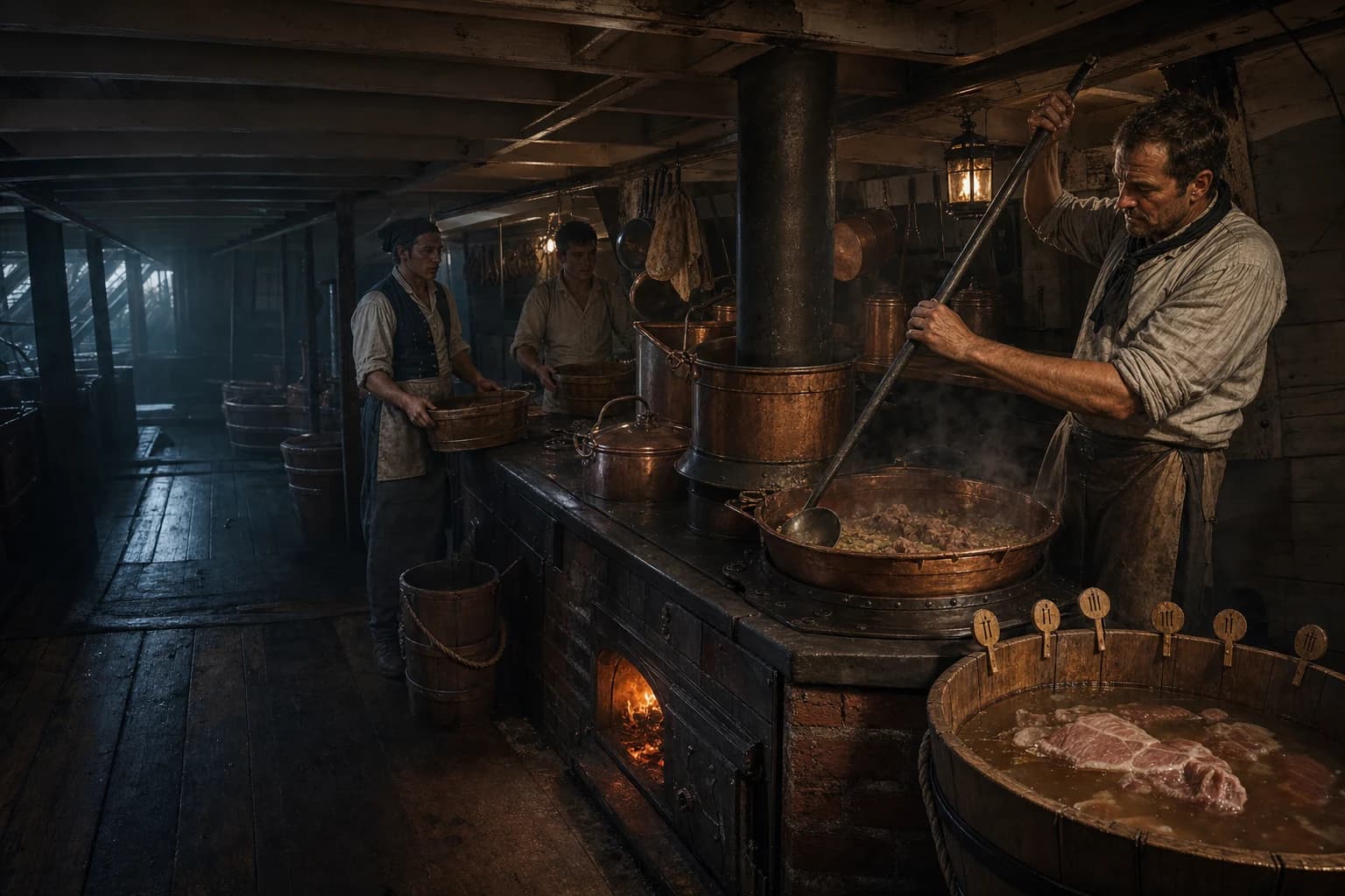 A naval ship's cook around 1810 tends copper boilers and a steep tub while mess cooks wait to collect their food
