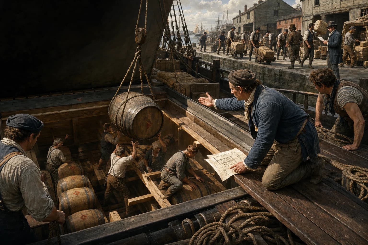 A stevedore around 1795 directs a cask lift and dunnage inside a merchant ship while shore porters and a tally clerk work at the quay