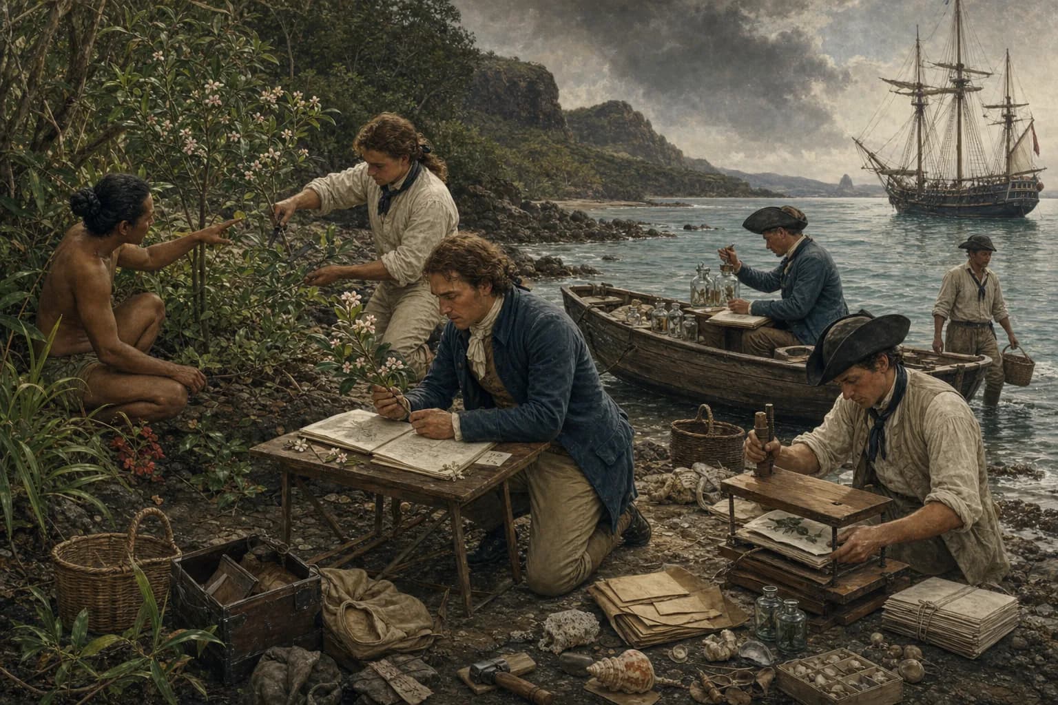 A voyage naturalist around 1770 records a numbered flowering branch on a Pacific shore while assistants learn from local knowledge, press plants and seal specimen jars beside the launch