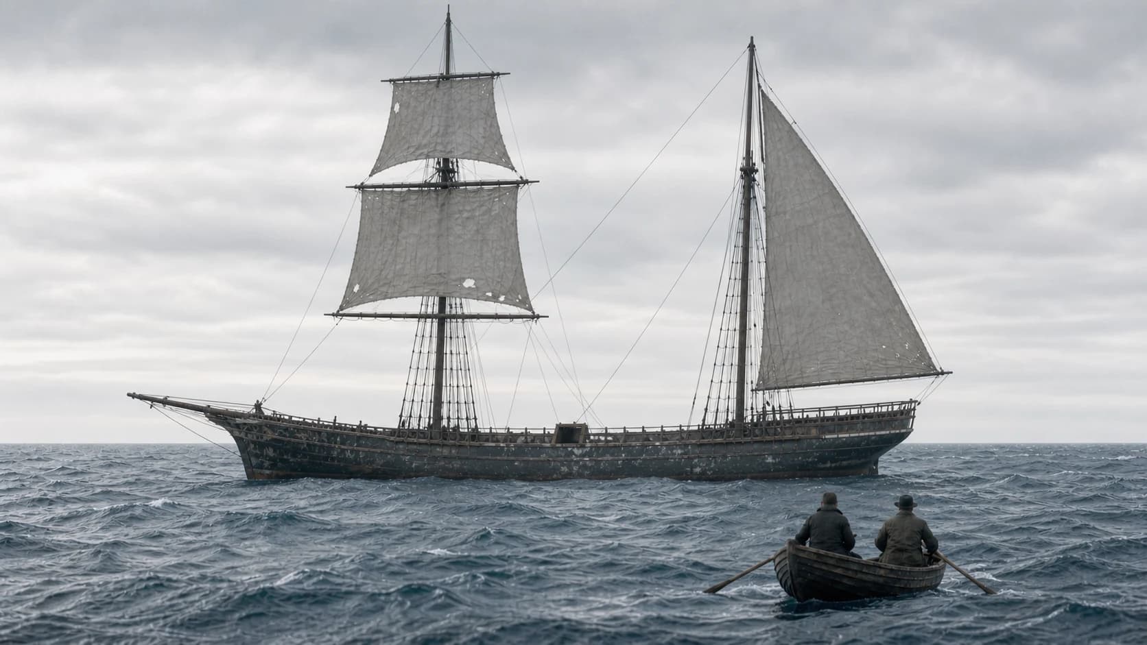 Two sailors approach an abandoned two-masted brigantine in cold daylight