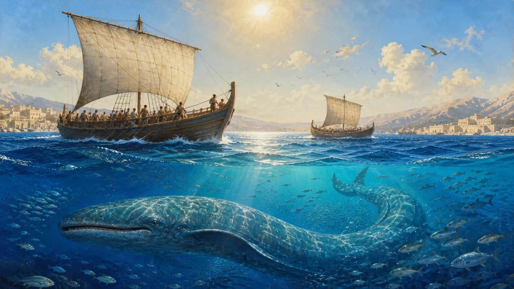 Ancient vessels cross a bright sea while Leviathan moves among fish below