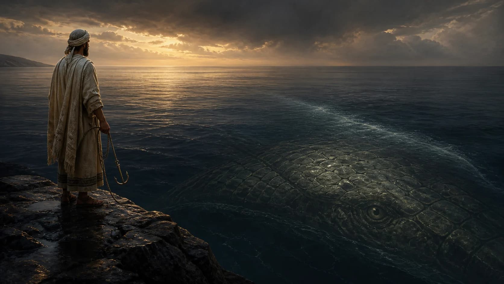 An ancient figure holds a fishhook while the immense Leviathan lies beneath the water